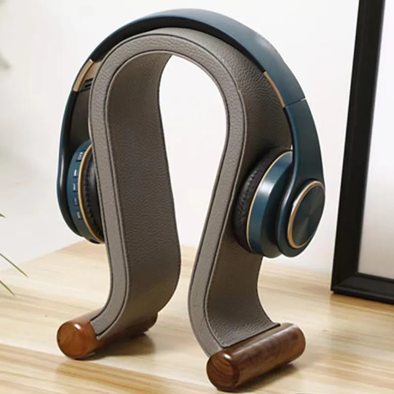 Support pour casque audio en bois de noyer avec cuir