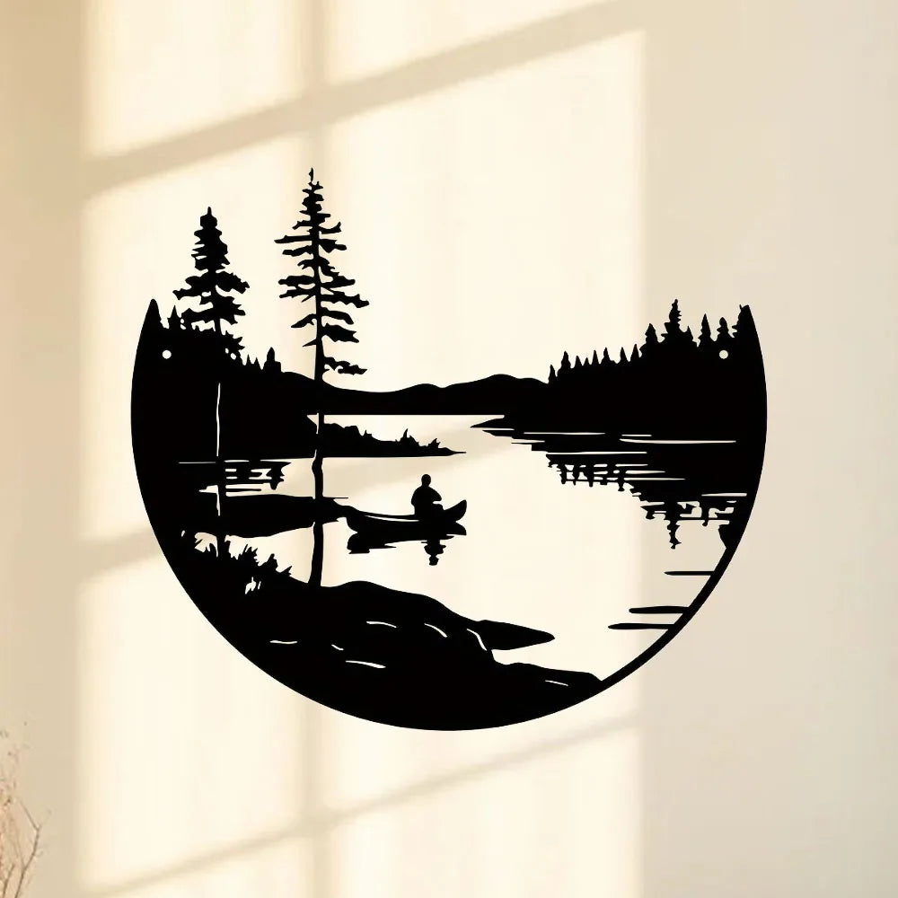 Décoration Murale Ronde en Métal Silhouette Paysage Lac et Montagne