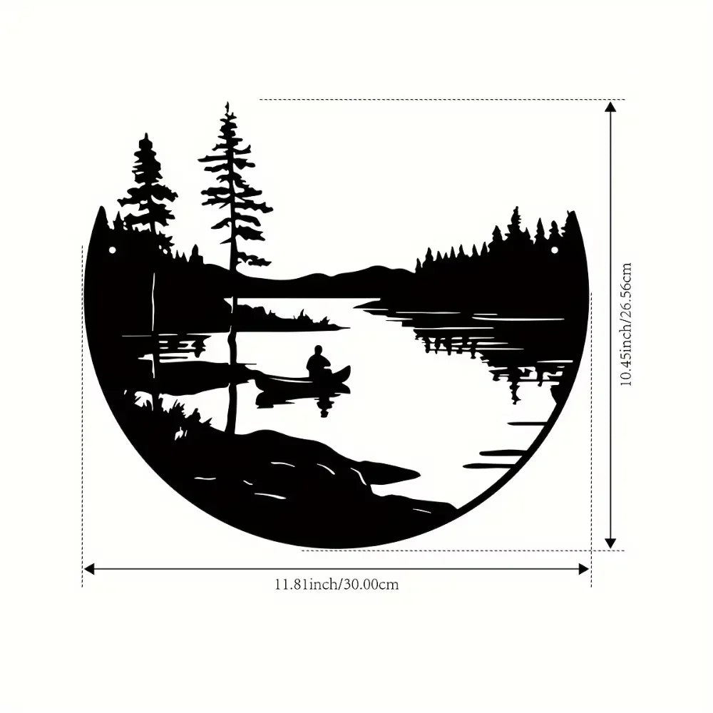 Décoration Murale Ronde en Métal Silhouette Paysage Lac et Montagne