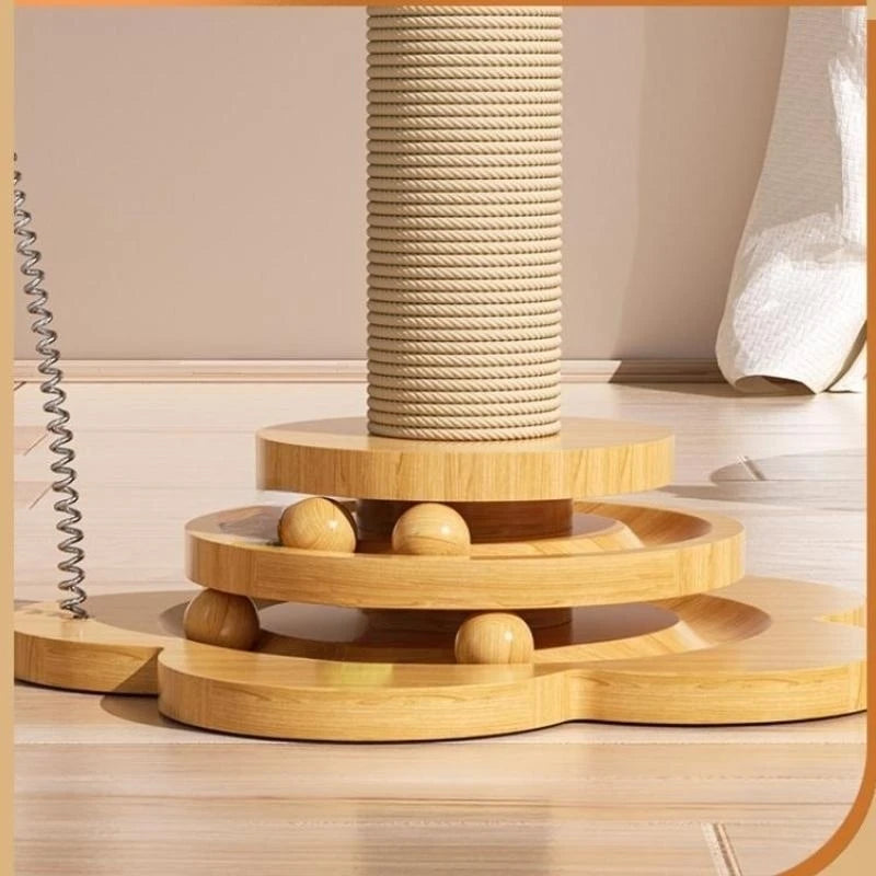 Tourniquet en Bois Massif avec Bâton Amusant et Boules Planche à Griffer Durable en Sisal