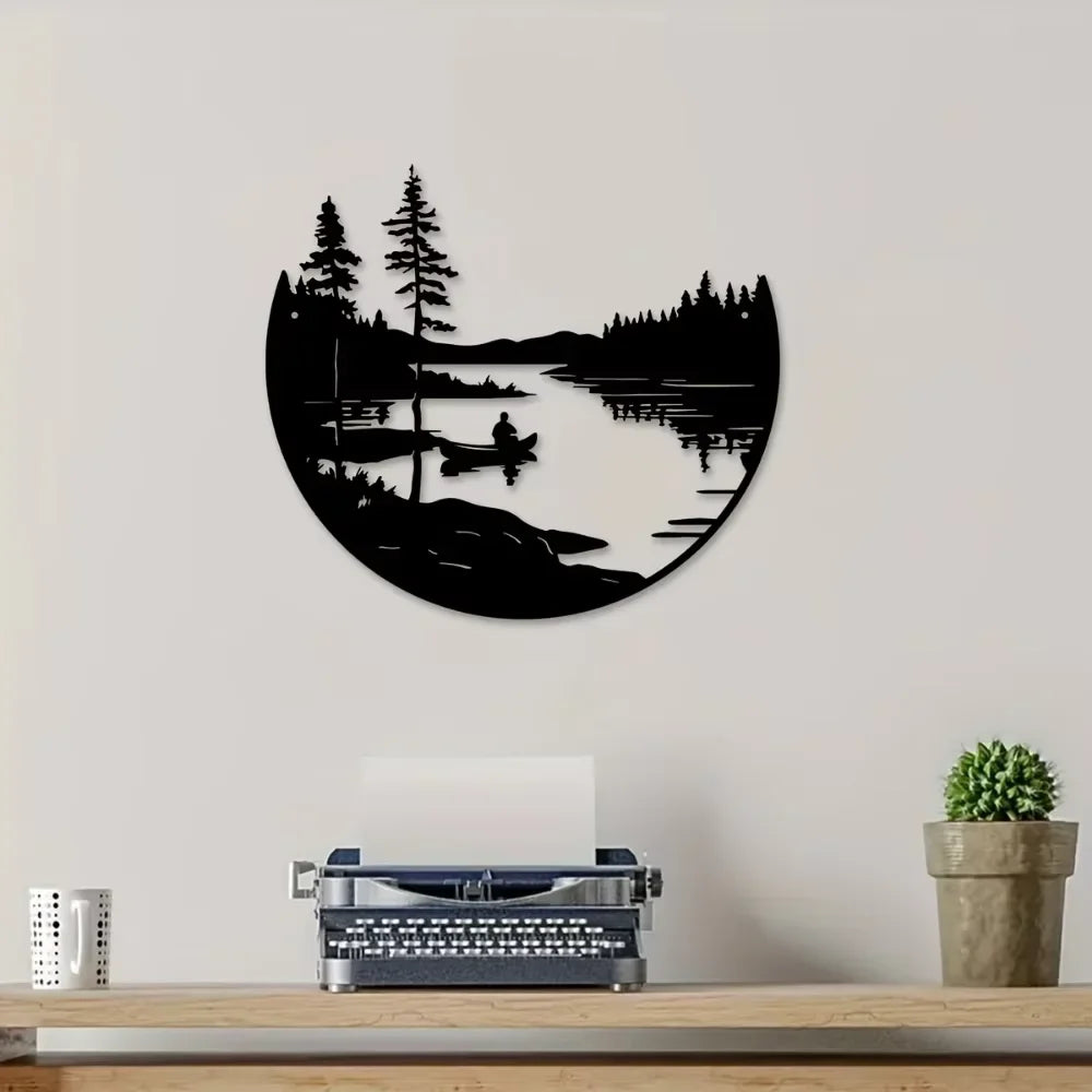 Décoration Murale Ronde en Métal Silhouette Paysage Lac et Montagne