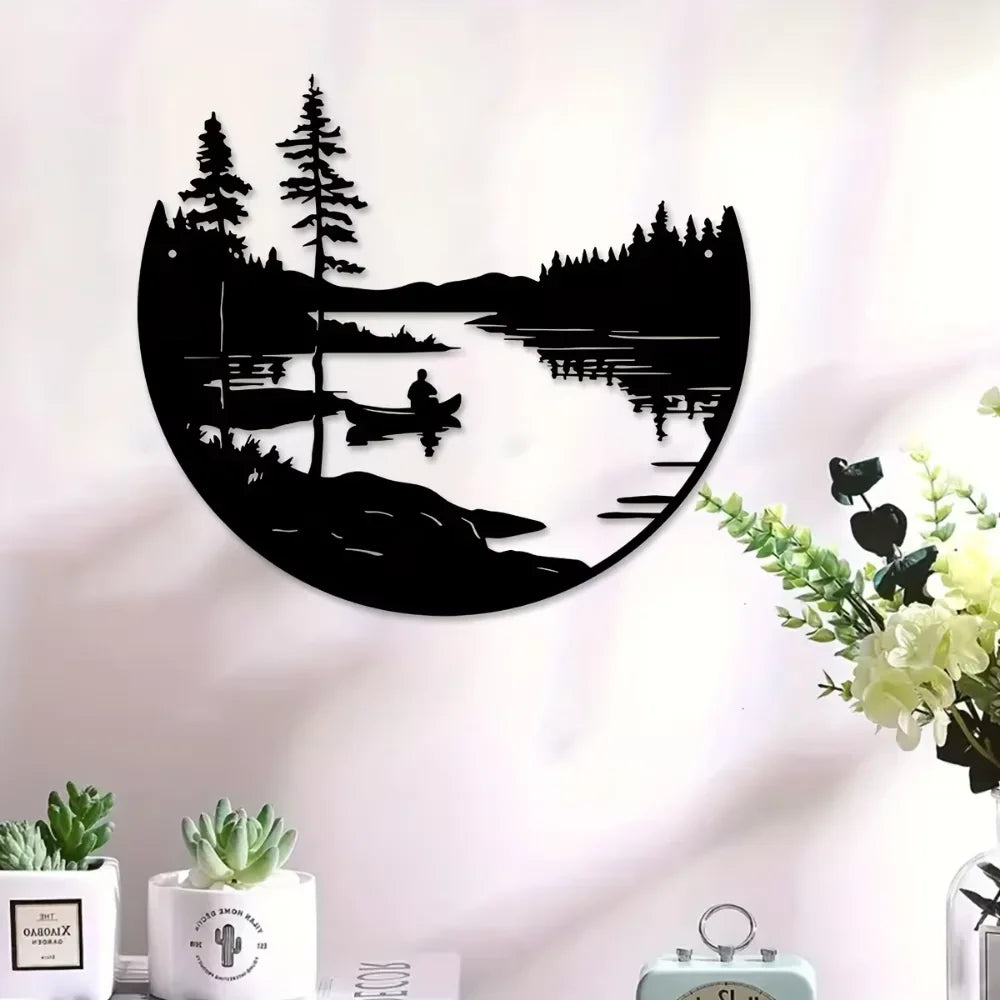 Décoration Murale Ronde en Métal Silhouette Paysage Lac et Montagne