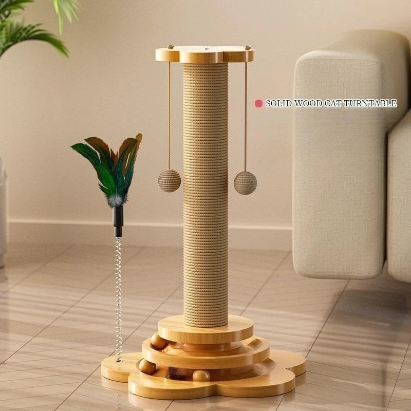 Tourniquet en Bois Massif avec Bâton Amusant et Boules Planche à Griffer Durable en Sisal