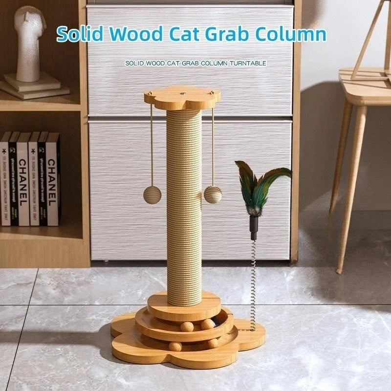 Tourniquet en Bois Massif avec Bâton Amusant et Boules Planche à Griffer Durable en Sisal