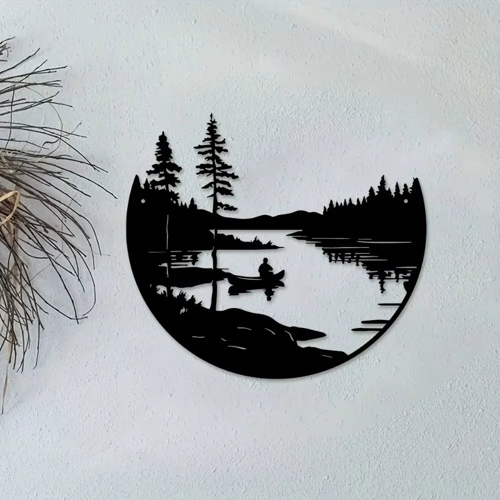 Décoration Murale Ronde en Métal Silhouette Paysage Lac et Montagne