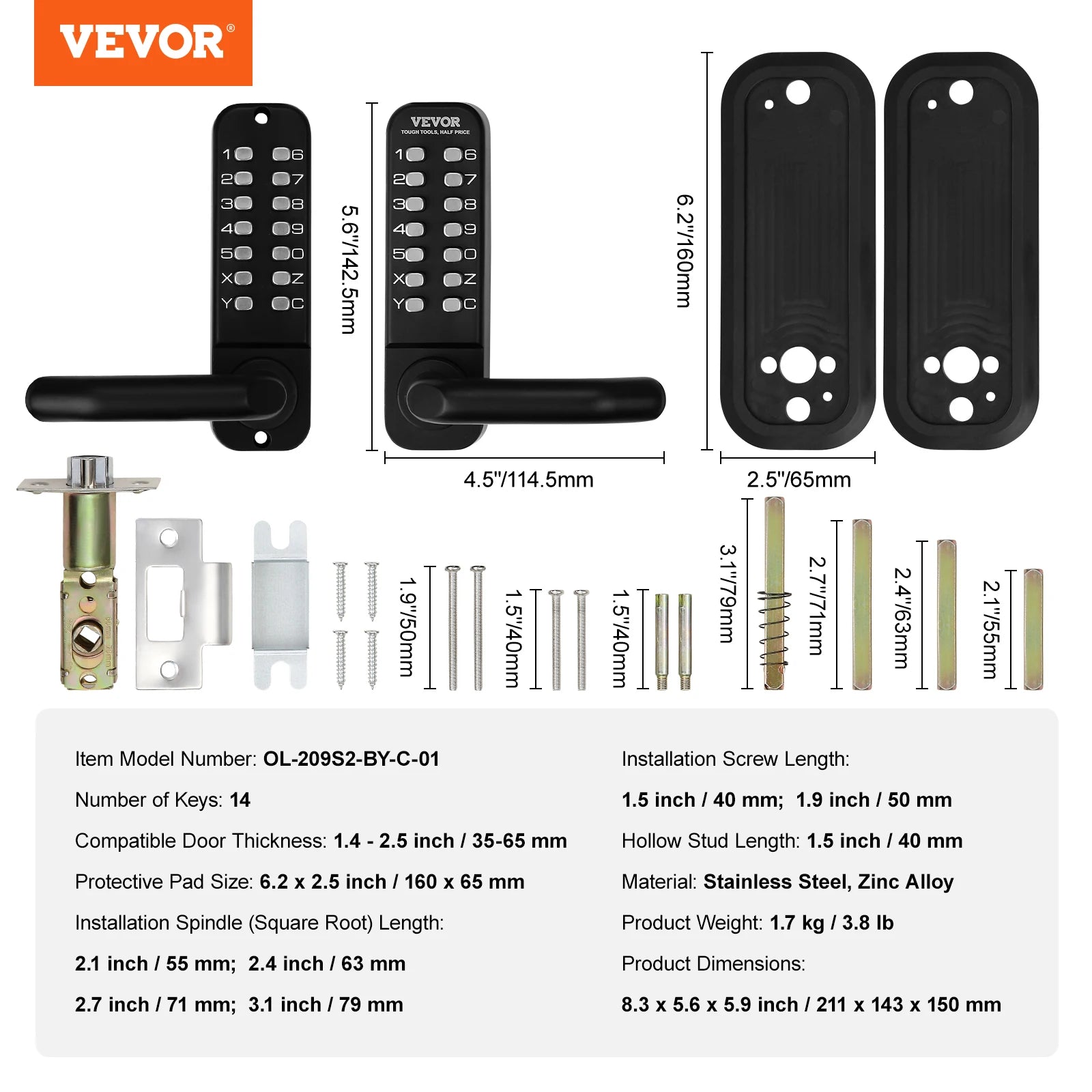 Serrure mécanique sans clé pour porte simple ou double face