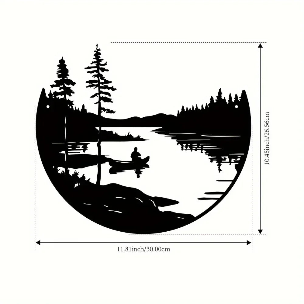 Décoration Murale Ronde en Métal Silhouette Paysage Lac et Montagne