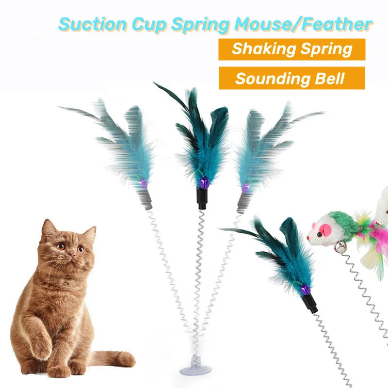 Jouet Interactif avec Ventouse, Souris à Ressort et Plumes
