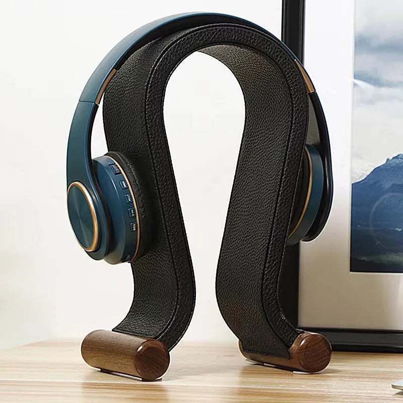 Support pour casque audio en bois de noyer avec cuir