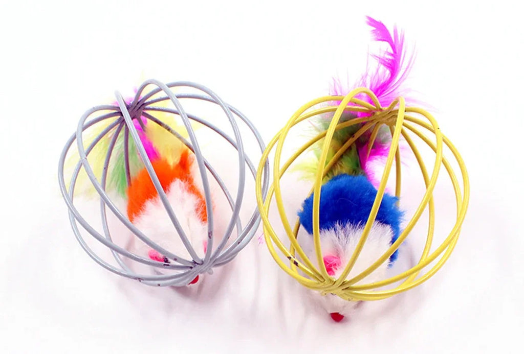 Baguette à Plumes avec Grelot, Souris et Cage en Plastique Colorée