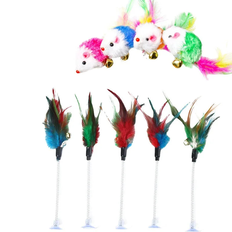 Jouet Interactif avec Ventouse, Souris à Ressort et Plumes