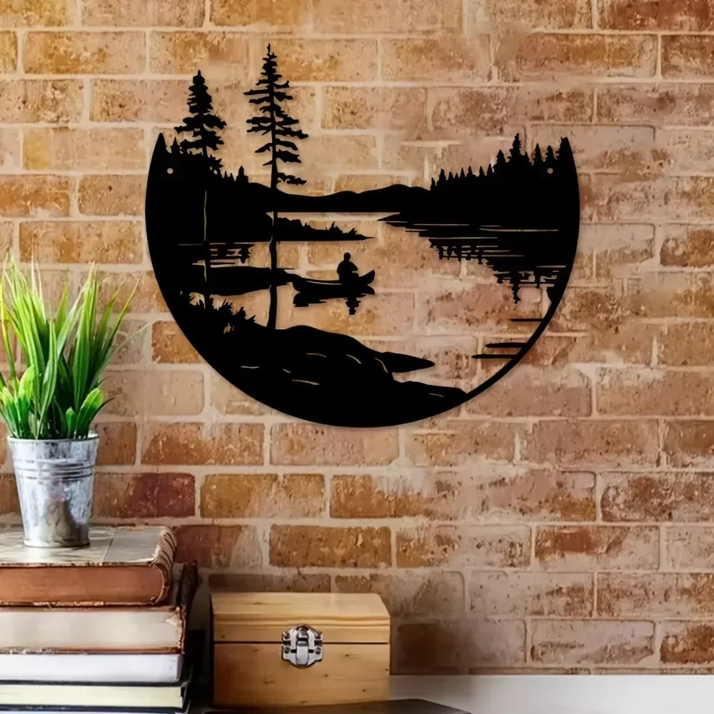 Décoration Murale Ronde en Métal Silhouette Paysage Lac et Montagne