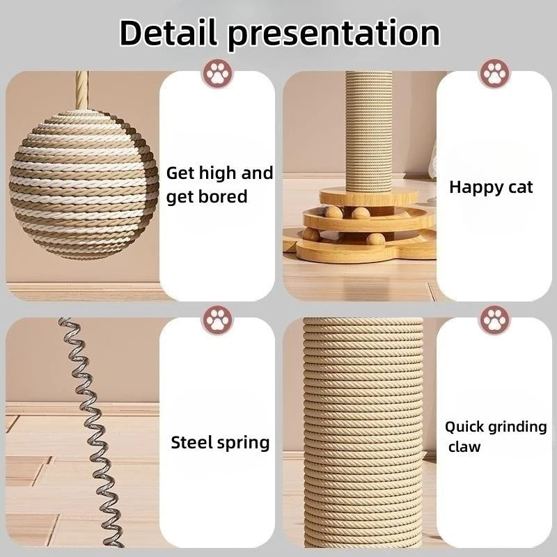 Tourniquet en Bois Massif avec Bâton Amusant et Boules Planche à Griffer Durable en Sisal